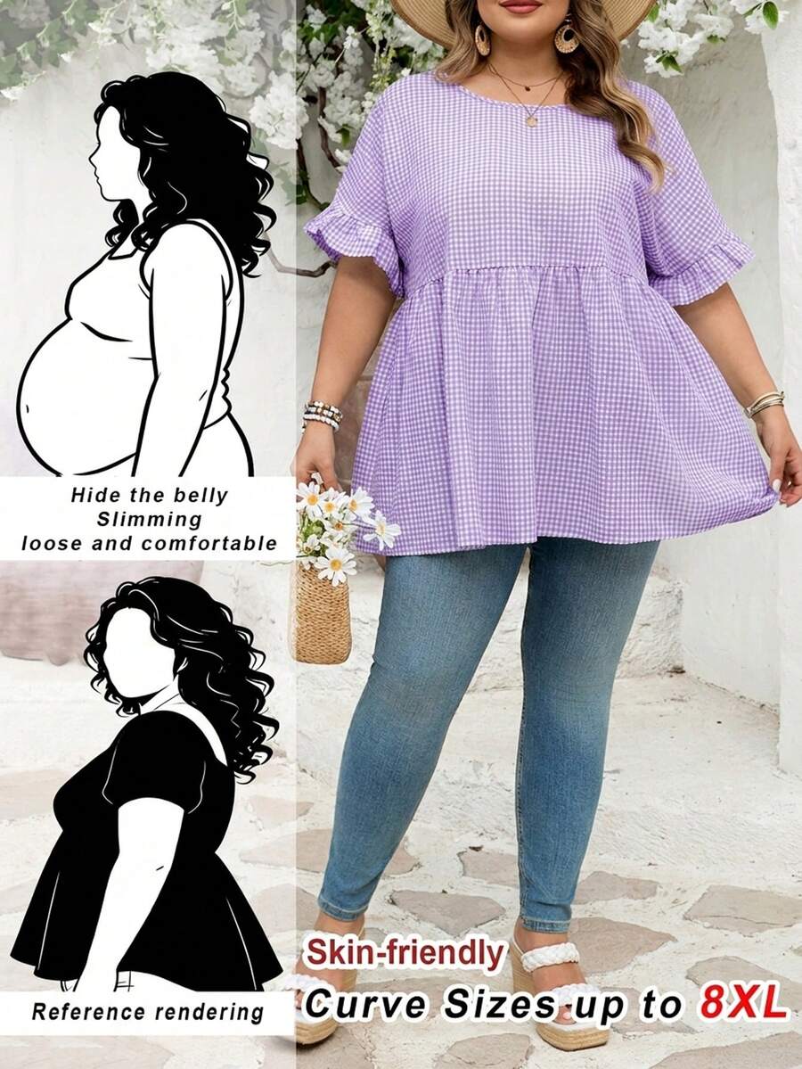 SHEIN CURVE+ Curve 加大码 US22 音乐节、海滨度假、波西米亚风 CURVE PLUS / / 女士格纹印花衬衫,适合春夏波西米亚风度假,休闲娃娃风衬衫 - 紫色 - 查看 1