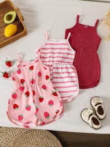 3pcs Baby Girls' Summer Casual Cute Strawberry Pattern & Striped Knit Jumpsuit Romper Set, Suitable For Daily Wear And Vacation - Multicolor - View 8