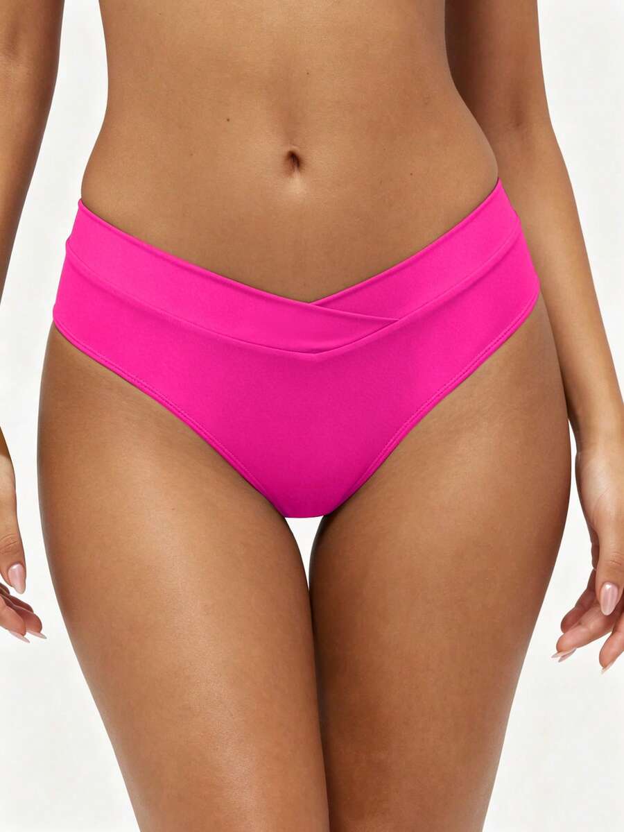 Swim Basics 女士性感夏季度假休闲交叉腰带纯色沙滩比基尼泳裤 - 玫紅色 - 查看 1