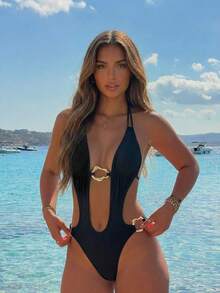 Swim Vcay Wireless Halter One-Piece Swimsuit For Women, With Metal Decor Design On Waist And Chest, Elegant Sexy For Vacation Golf White Summer - Multicolor - View 7
