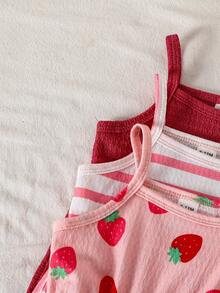 3pcs Baby Girls' Summer Casual Cute Strawberry Pattern & Striped Knit Jumpsuit Romper Set, Suitable For Daily Wear And Vacation - Multicolor - View 5