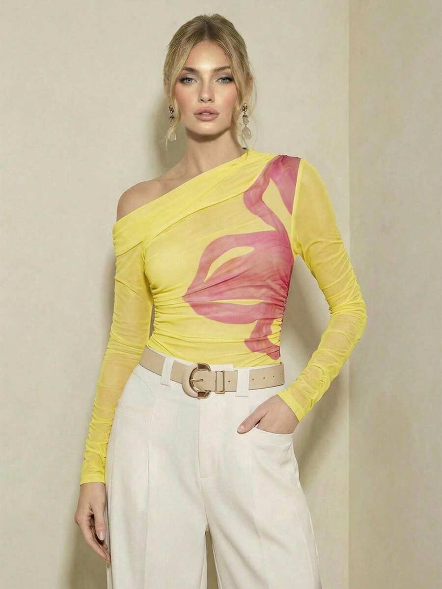 SHEIN Revavyn 性感透視修身時尚上衣 - 黃色 - 查看 1