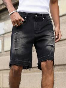 Manfinity EMRG Men's Casual Pocketed Button Wide Leg Denim Shorts, Versatile For Daily Wear - Black - View 5