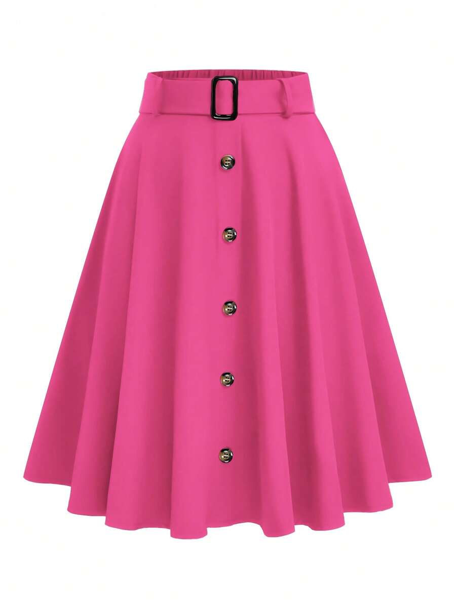 EMERY ROSE Women's Solid Color Button Casual Versatile Date Outing A-Line Skirt - Hot Pink - View 1