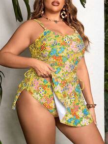 Swim Lushoire Bộ đồ bơi tankini hai dây thắt nơ họa tiết hoa nhiều màu sắc dành cho nữ cỡ lớn, thích hợp cho kỳ nghỉ biển. - Màu vàng - Xem 6