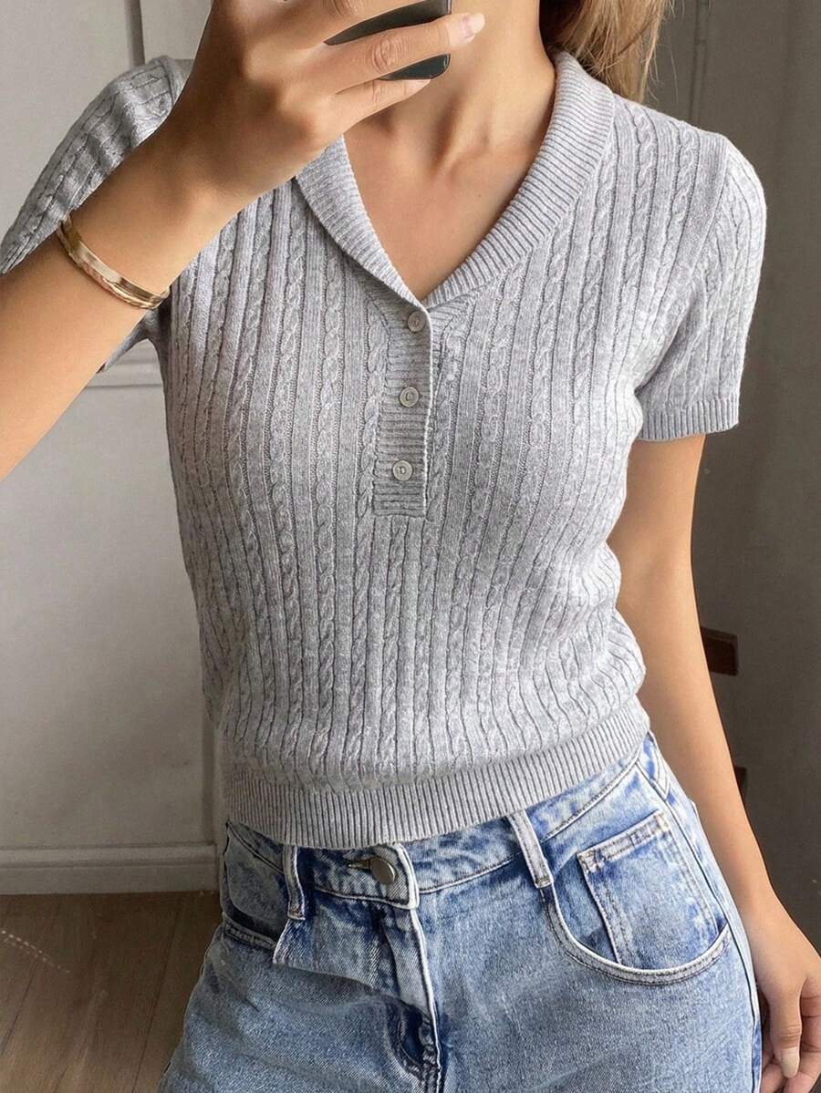 Livesso Áo polo tay ngắn dáng rộng, thanh lịch, phù hợp cho mùa xuân hè, phong cách công sở, đường phố, sinh viên và các lễ hội âm nhạc dành cho nữ. - Màu Xám nhạt - Xem 1