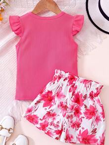 SHEIN 2pcs/Set Kaos Anak Perempuan Kerah Bulat Berkerut dan Celana Pendek Motif Bunga, Merah Muda Terang, Musim Panas, Serasi, Pakaian Kasual Liburan Keluarga untuk Balita - Hot Pink - View 2