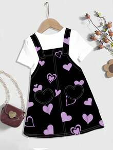 Cute Pink Heart & Kitty Print, Baby Girl Casual Loose Cartoon Pattern Round Neck Short Sleeve Dress, Suitable For Summer - Multicolor - View 2