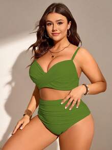 Swim Lushoire Conjunto de bikini tankini de talla de unicolor con recogido para la playa de verano - Verde - Ver 3