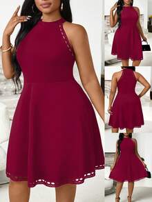 Villa Velisse Robe élégante à patchwork ajouré pour femmes grandes tailles - Rouge foncé - Voir 1