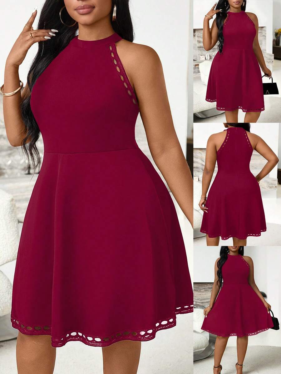 Villa Velisse Robe élégante à patchwork ajouré pour femmes grandes tailles - Rouge foncé - Voir 1