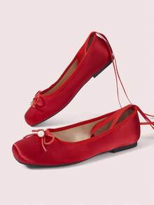 CUCCOO DOLLMOD Women's Shoes Retro Strap Ballet Flats Red Satin, Light Luxury Atmosphere Sweet And Cute Versatile - Red - View 3