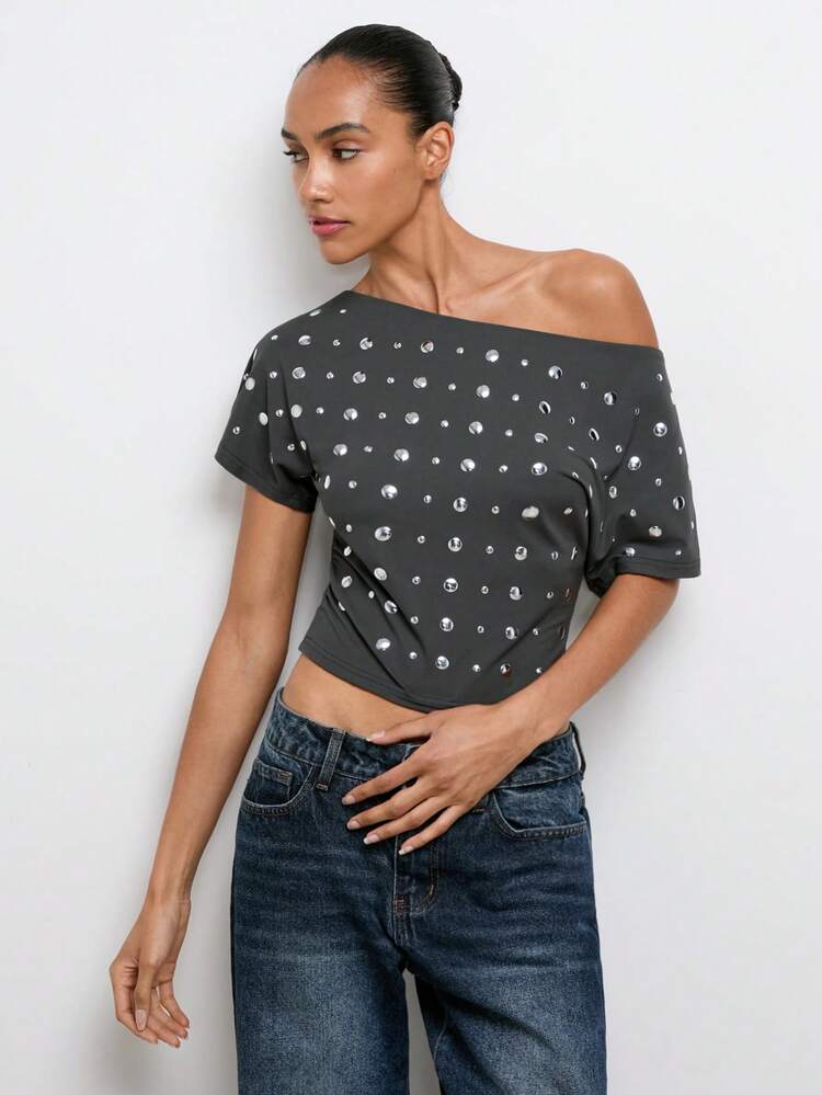 SHEIN Maija Women's Studded Asymmetric Batwing Sleeve T-Shirt With Design Details