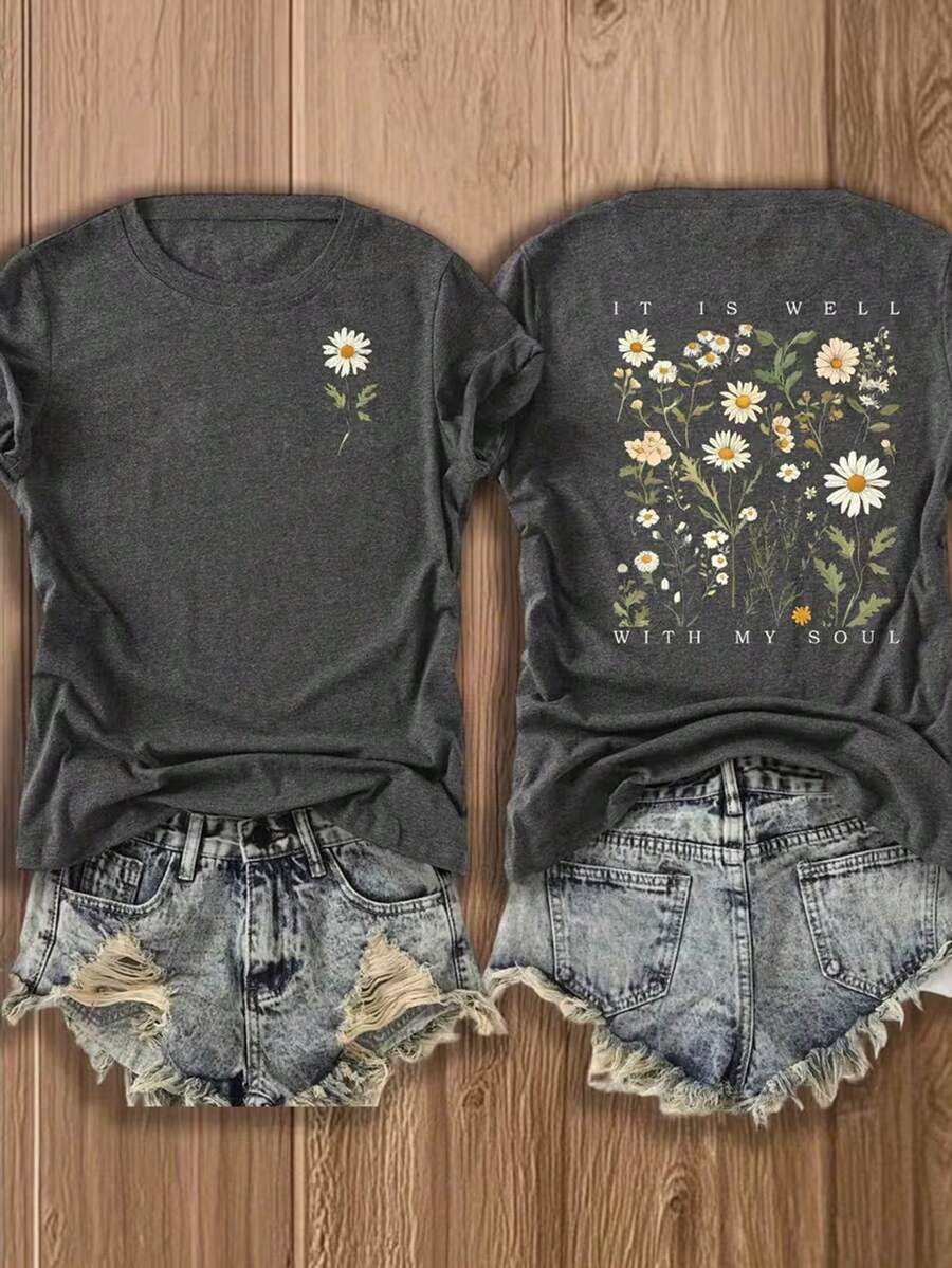 EMERY ROSE Vintage Style Women's T-Shirt - Charming Daisy Floral, Double-Sided Printing, And Comfortable For Casual Summer Outfits, Everyday Wear - Dark Grey - View 1