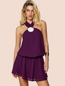 Olia Maree White Summer Casual Sexy Vacation Holiday Minimalist Ocean Shell Halter Sleeveless Short Dress,Elegant Office Golf Business Commute Resort Lila Outfit - Purple - View 2