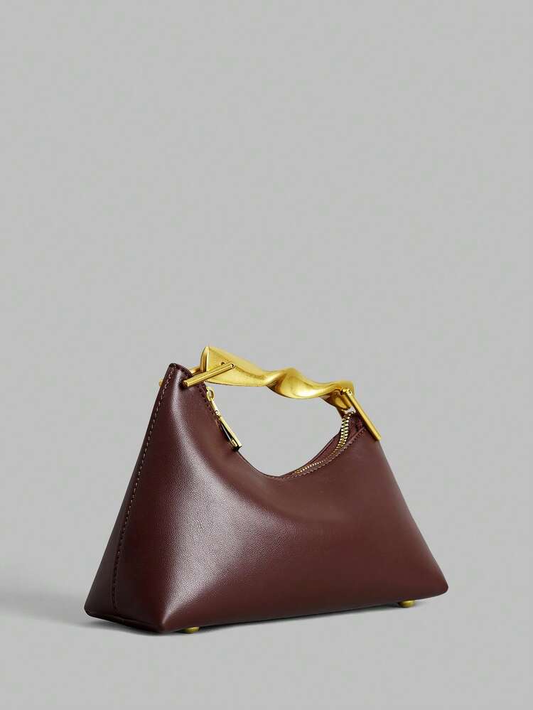 Women's Stylish Minimalist Asymmetrical Design Brown Handbag With Exquisite Hardware Handle, Suitable For Commuting, Dating   Old Money Style