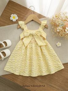 Cozy Pixies Cozy Pieces 女婴可爱夏季蝴蝶结镂空黄色短袖连衣裙 - 黃色 - 查看 3