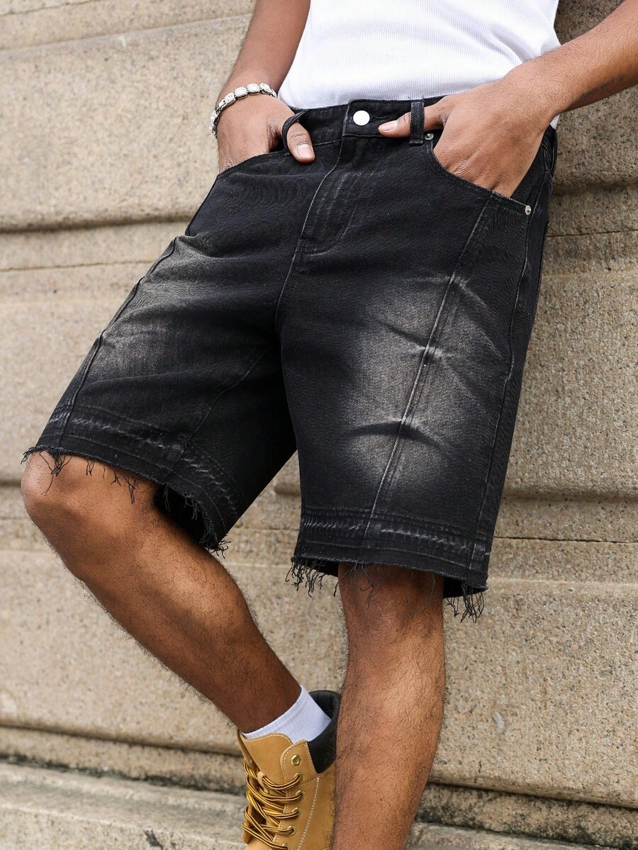 Manfinity EMRG Men's Casual Pocketed Button Wide Leg Denim Shorts, Versatile For Daily Wear - Black - View 1