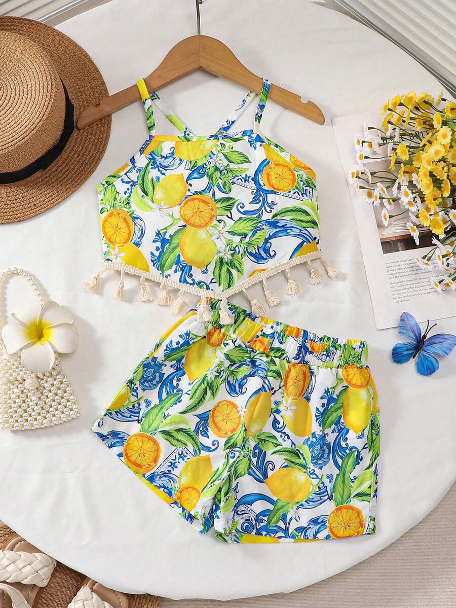 SHEIN Sparklyn Bộ đồ mùa hè mới cho bé gái: Áo không tay in hình chanh với tua rua ở gấu áo và quần short ống rộng in họa tiết retro, giản dị và sành điệu. - Màu vàng - Xem 1
