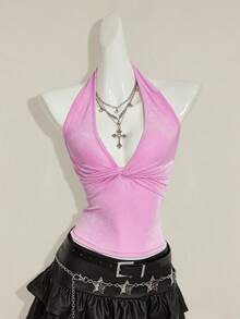 SHEIN ICON 女士纯色露背吊带扭褶修身休闲上衣 - 淺粉色 - 查看 3
