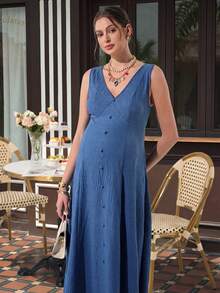 孕妇纯色V领无袖纽扣前开襟纹理面料休闲连衣裙 - 藍色 - 查看 8