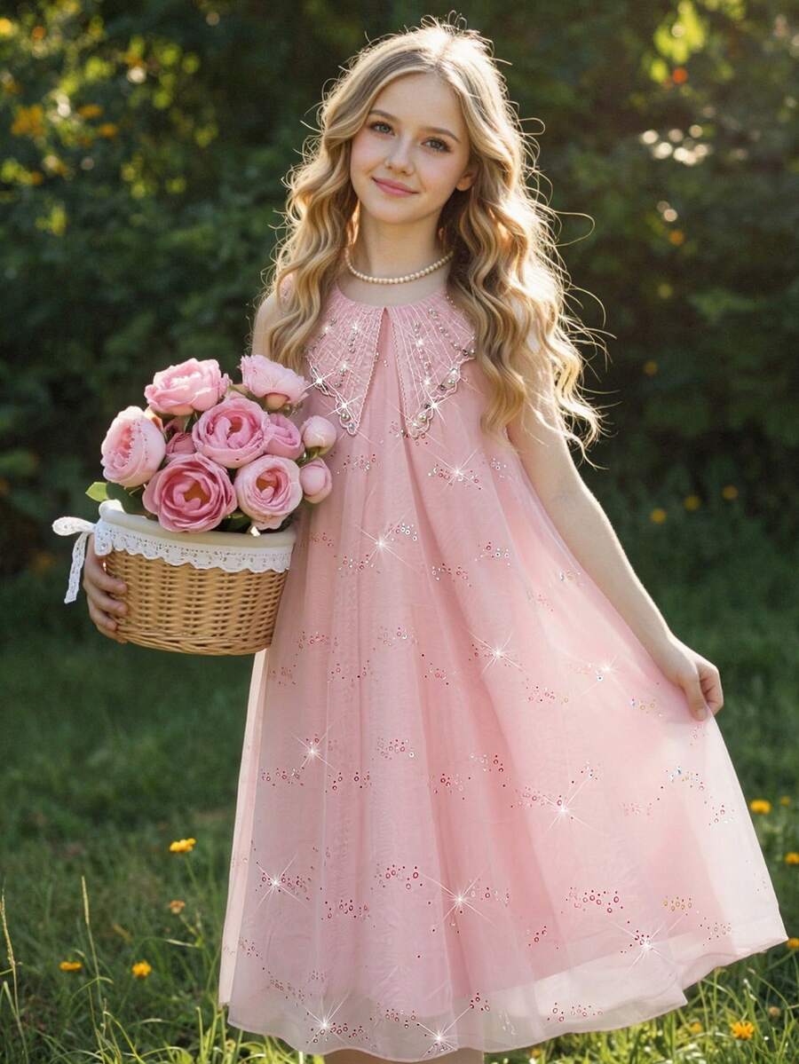 少女優雅夏季套裝，柔粉色花女禮服，無袖花卉印花泡泡袖長裙，老錢風野餐茶會少女特殊場合禮服