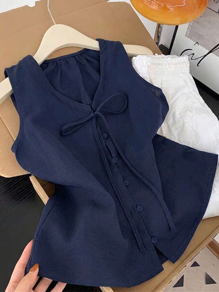 GlowEve 法式复古系带宽松简约百搭优雅女式衬衫 - 藏蓝色 - 查看 1