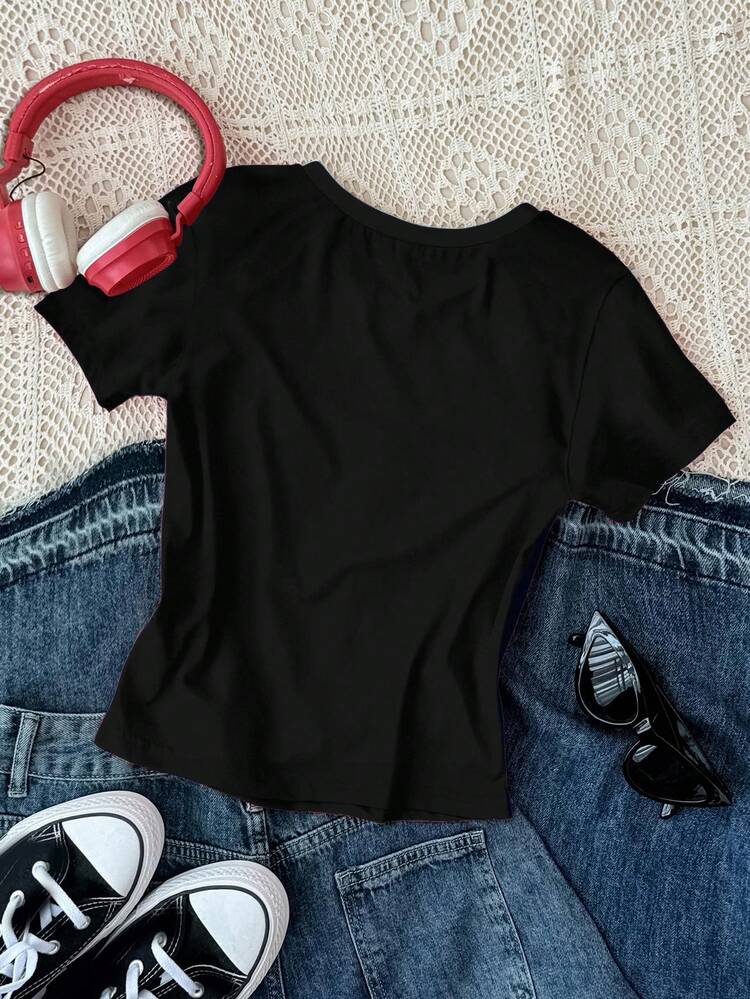 Set de 3 camisetas de manga corta, cuello redondo, estilo minimalista casual, con estampados de leopardo retro, números 98, 58 y letras de ciudad en blanco, rosa y negro, adecuadas para el verano, en estilo deportivo y urbano para adolescentes - Multicolor - Añade 8