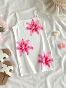 SHEIN Robe en tricot à imprimé floral pour bébé fille avec fente, à la mode et polyvalente pour la plage, les vacances, un voyage à Hawaï, assortie à la famille, séance photo avec la sœur, le parc, le camping, les fêtes, le port quotidien décontracté, les loisirs et les jours fériés - Multicolore - Voir 2