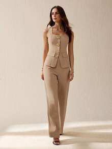 SHEIN Tall 女款時尚優雅通勤背心與長褲兩件套，度假穿搭，適合高個女性 - 卡其色 - 查看 4