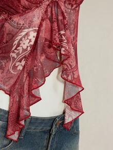 SHEIN ICON 女士时尚不对称印花吊带背心，夏季 - 酒紅色 - 查看 9