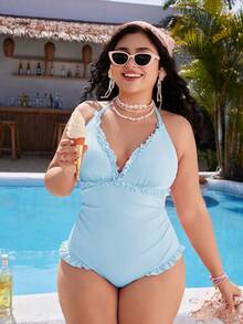 Swim Mod Plus Size Women Swimsuit, Sweet & Cute Casual Beach Holiday, Pink Textured Fabric With Ruffle Halter Tie Front One-Piece Swimwear - Blue - View 5