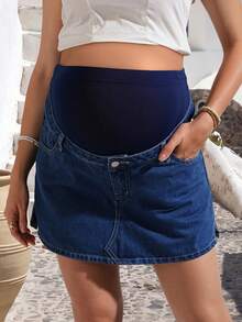 SHEIN Maternity Dark Blue Fashionable Denim Shorts,Summer Smart Casual Stretch Elasticized Waist Jean Skirt,Bump Friendly Clothes For Pregnant Women - Dark Wash - View 3
