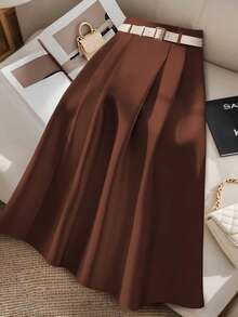 GlowEve CURVE Plus Size Women Minimalist Solid Color Casual A-Line Skirt Brown - Brown - View 4