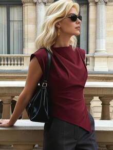 EMERY ROSE Camiseta de mujer de unicolor con cuello Mao, plisada y con bajo asimétrico - Burdeos - Ver 3