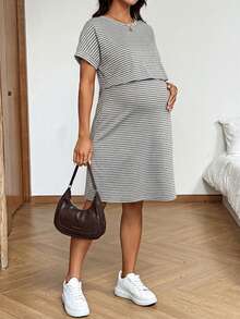SHEIN Vestido de enfermería con estampado de rayas cómodo para uso diario - Gris - Ver 4