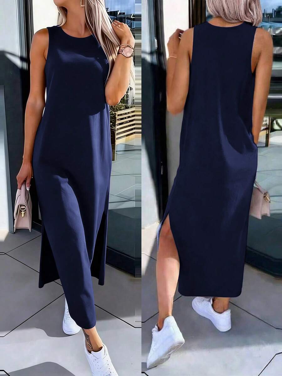 INAWLY Vestido casual minimalista de mujer de unicolor con cuello redondo y diseño de abertura para fiestas y salidas - Azul Marino - Ver 1