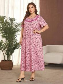 Lacomfia Plus Size Ditsy Floral Short Sleeve Ruffle Hem Casual Maxi Dress - Pink - View 4