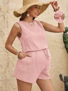 Boho Mama 2pcs Maternity Solid Color Crisscross Back Tank Top And Adjustable Waist Shorts Set - Dusty Pink - View 7