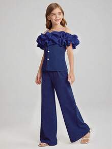 SHEIN Setelan Celana Panjang Model Korea Warna Biru Tua 2 Potong untuk Remaja Perempuan, Manis & Lembut, Potongan Lebar di Bagian Bawah, Satu Bahu, Cocok untuk Musim Panas, Pernikahan, Pakaian Sehari-hari, dan Pesta - Navy Blue - View 5