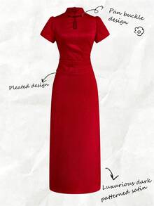 SHEIN LUNE 女士优雅红色提花缎面纽扣连衣裙，适合新年庆祝活动 - Fiery Red - 查看 7