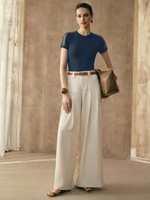 Arave Camiseta de manga corta casual, de fiesta, de cita o de vacaciones para mujer, con cuello redondo, parches, malla calada y ajustada - Azul - Ver 2