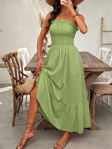 Breezaya Women Casual Strapless Summer Holiday Dress With Simple Frill Trimmed Decoration Maxi Women Outfit - Limelight Green - View 1