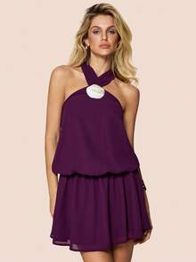 Olia Maree White Summer Casual Sexy Vacation Holiday Minimalist Ocean Shell Halter Sleeveless Short Dress,Elegant Office Golf Business Commute Resort Lila Outfit - Purple - View 5