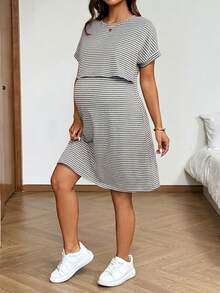 SHEIN Vestido de enfermería con estampado de rayas cómodo para uso diario - Gris - Ver 5