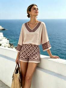 Balvessa Khaki Geometric Print V-Neck Batwing Sleeve Casual Vacation 2 Pieces Set For Women - Apricot - View 4
