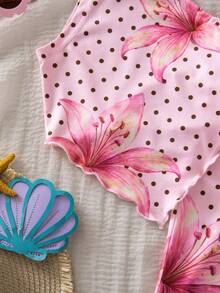 SHEIN 女婴波点碎花印花吊带上衣和喇叭裤套装 - 粉色 - 查看 4