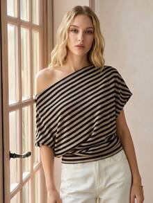 BizChic Summer Yellow & Black Striped Asymmetric Shoulder Batwing Sleeve Cinched Waist Women's T-Shirt,Elegent Night Out Office Outfits One Shoulder Tops - Multicolor - View 7