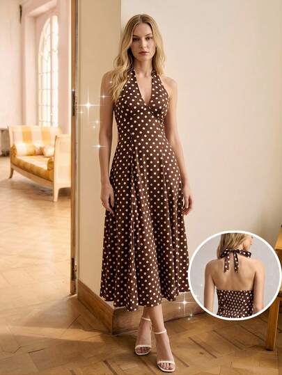 BizChic Brown Polka Dot Print V-Neck Halter Tie Bow Backless Elastic Waist Slim Fit Dress, Versatile For Office, Formal, Casual, Romantic, Y2K, 90s Retro, Party, Wedding Guest, Bridesmaid, Hostess, Everyday Wear