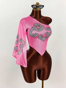 Amplova Women's Street Style Mesh Shoulder Cutout Sexy See-Through Graphic Tank Top - Hot Pink - View 5